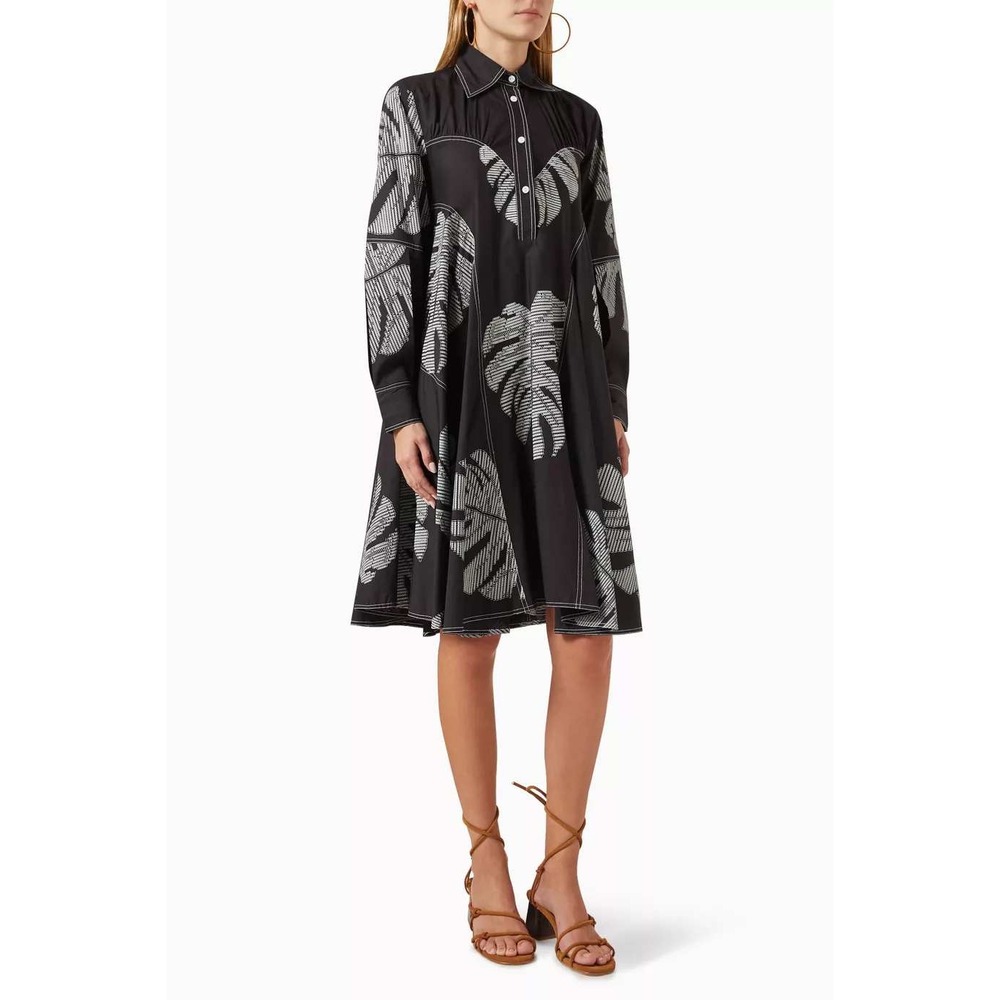 Lovebirds Shirt Dress Womens Size S Black White Monstera Leaf Print Cotton Mini